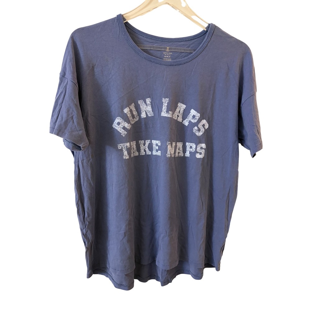 Aerie Offline Run Laps Take Naps Graphic Tee Blue Medium Relaxed Fit Cotton NWT